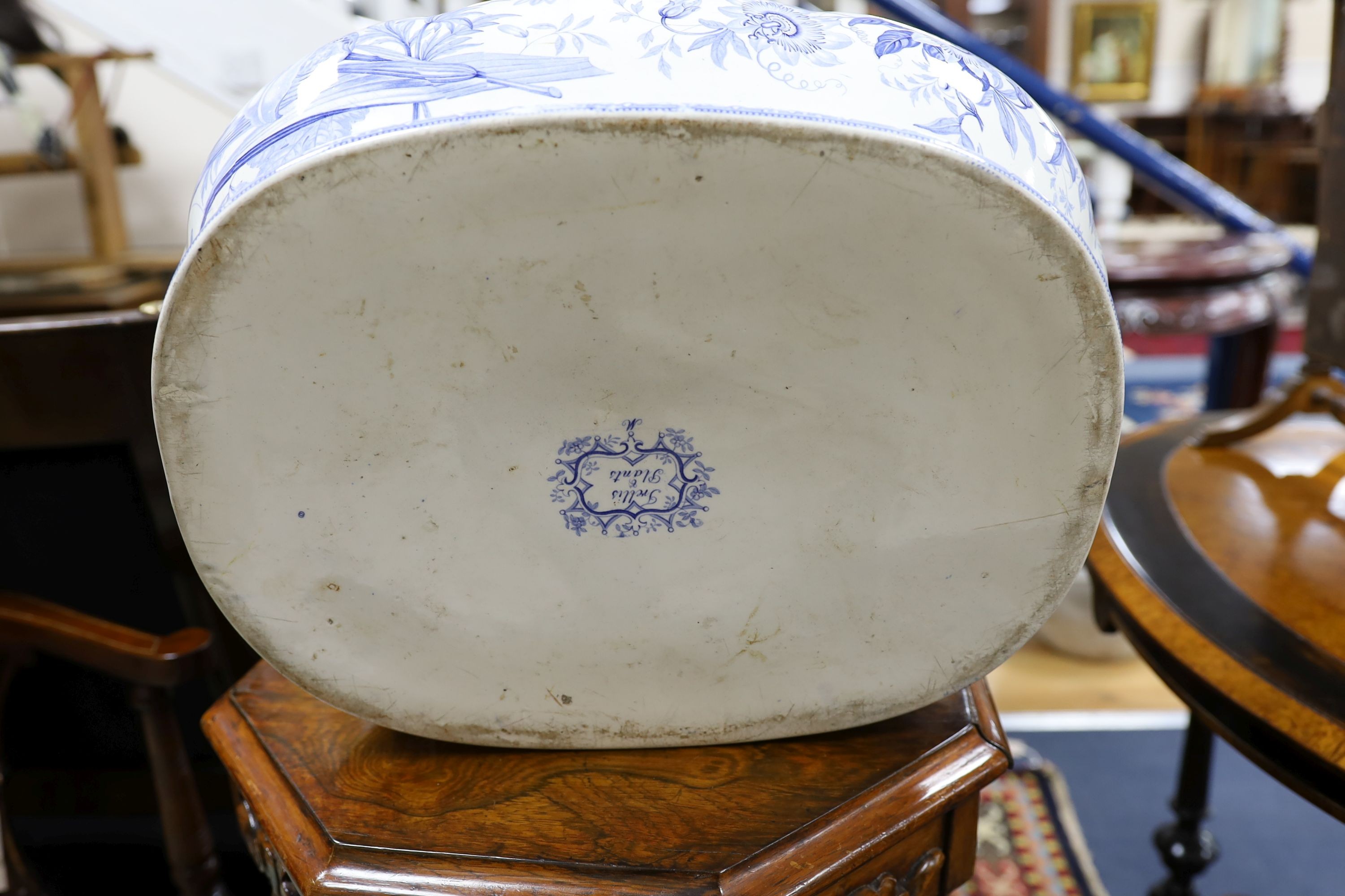 A Victorian Minton blue and white foot bath, 47cm